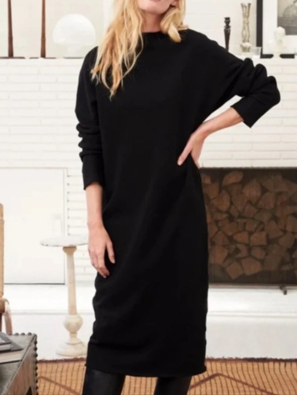 Frank and Eileen Isabelle Funnel Neck Black Triple Fleece Sweatshirt Dress M